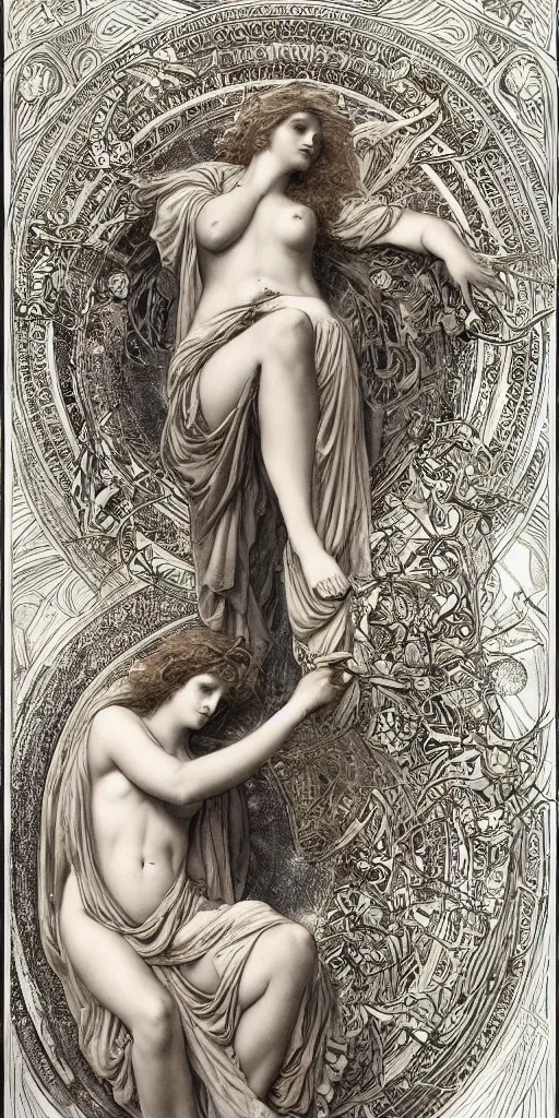 Image similar to aphrodite in paradiso. sacred geometry. clouds. sun rays. bliss. enlightenment. ascension . Gustave Doré. dappled light. cinematic lighting. in the art style of Mucha