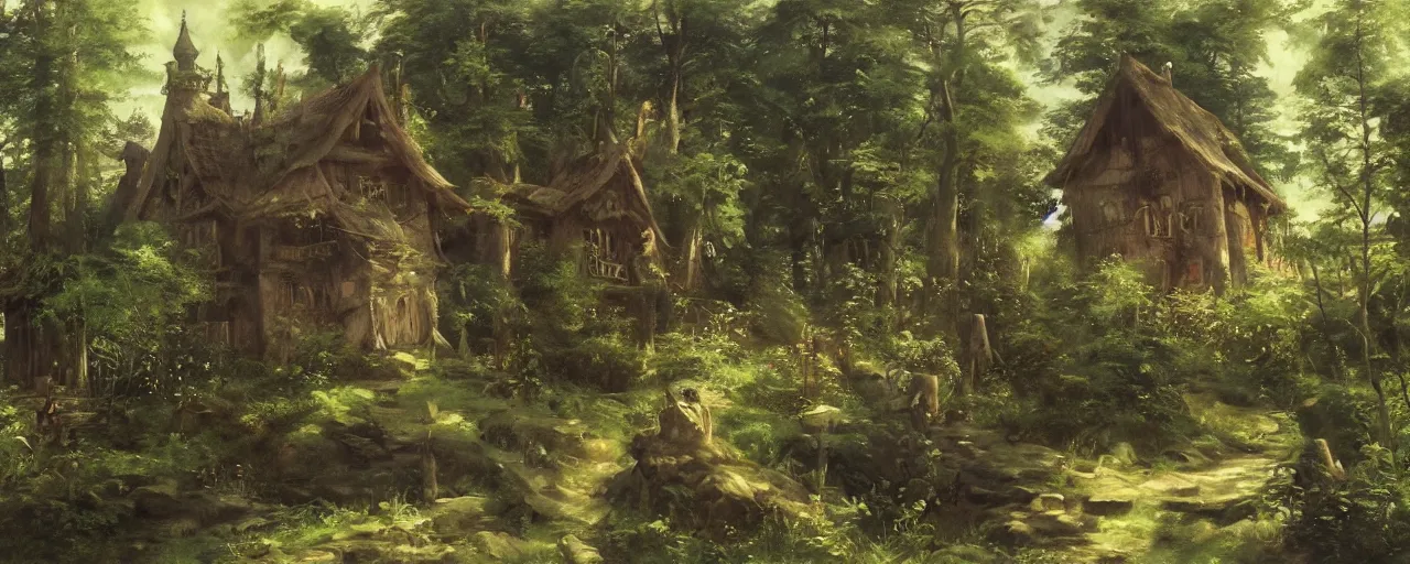 Image similar to a witches house nestled between the lush forest, trending on pixiv fanbox, painted by disney studio ghibli, eugene von guerard, ivan shishkin, john singer sargent