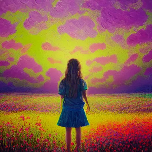 Image similar to large flower face, girl standing in a flower field, surreal photography, sunrise dramatic light, impressionist painting, colorful clouds, digital painting, pointillism, artstation, simon stalenhag