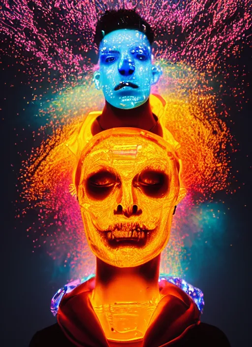 Image similar to photo of fullbodied baroque and bladerunner neon drippy tar sculpture of seductive ceramic albino ceramic prince anwar hadid dotado lavendar iridescent humanoid deity wearing orange plastic fluffy hoody holding diamond skull in a blue alien dungeon, reclining, glowing rainbow face, crown of white diamonds, cinematic lighting, photorealistic, octane render 8 k depth of field 3 d