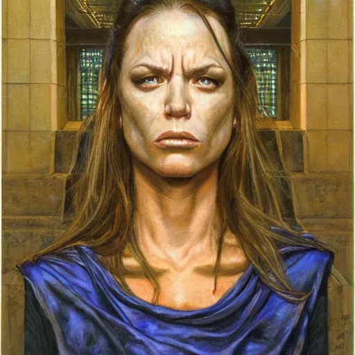 Prompt: frontal portrait of a emotional muscular female survivor in a city, by donato giancola.