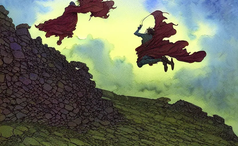 Image similar to a hyperrealist watercolour concept art of a flying brick. it is a misty night on the moors of ireland. by rebecca guay, michael kaluta, charles vess and jean moebius giraud