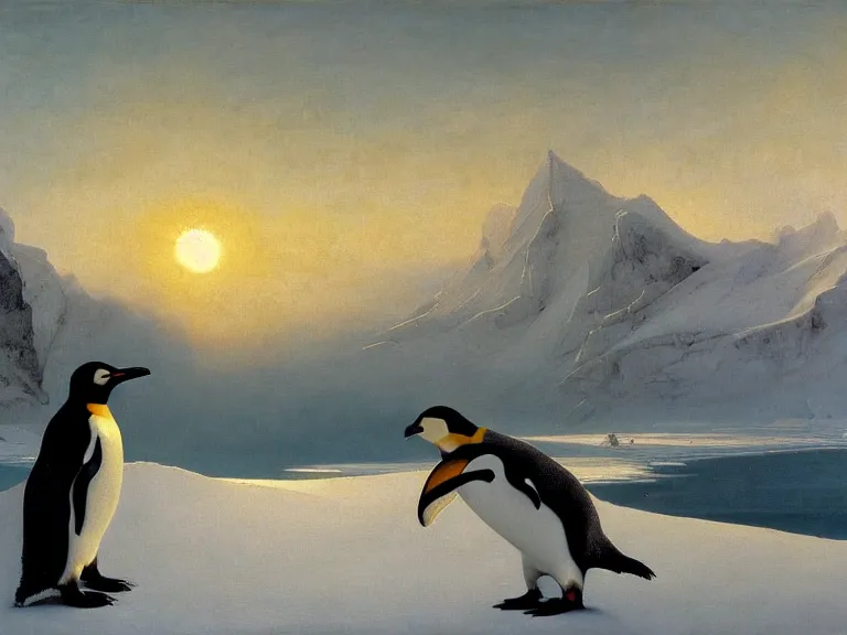 Image similar to an oil painting of a penguin next to a frozen ocean and a misty glacier at dawn. by tuomas korpi moebius and carl spitzweg. baroque elements. intricate artwork by caravaggio. oil painting. oil on canvas. award winning. dramatic. trending on artstation. 8 k