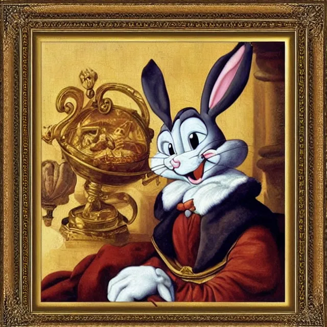 Prompt: renaissance oil painting of bugs bunny, intricately detailed golden frame