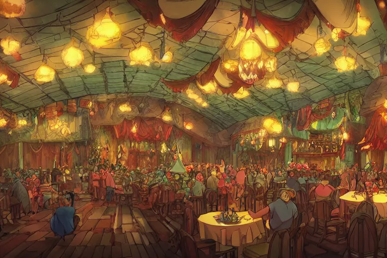 Prompt: interior wide angle shot of a fantasy cabaret in the style of studio ghibli, makoto shinkai