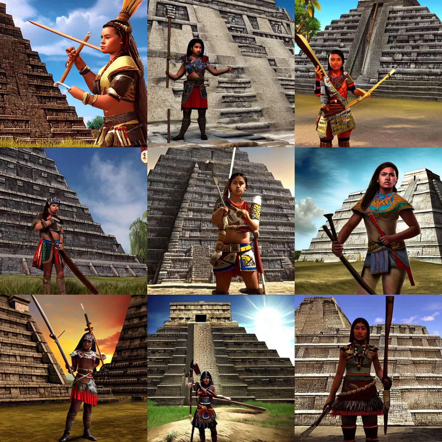 Prompt: A young female Aztec soldier, holding a spear, standing in front of a Mayan pyramid, loading screen artwork for the video game 'Europa Universalis 4'