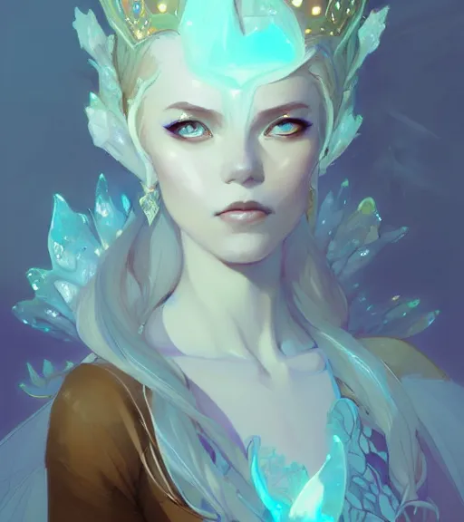 Image similar to portrait of a beautiful female fairy queen in complex and shiny dress by ross tran and artgrem, by greg rutkowski, by greg tocchini, by james gilleard, by joe fenton, by kaethe butcher, dynamic lighting, gradient light blue, brown, blonde cream and white color scheme, grunge aesthetic