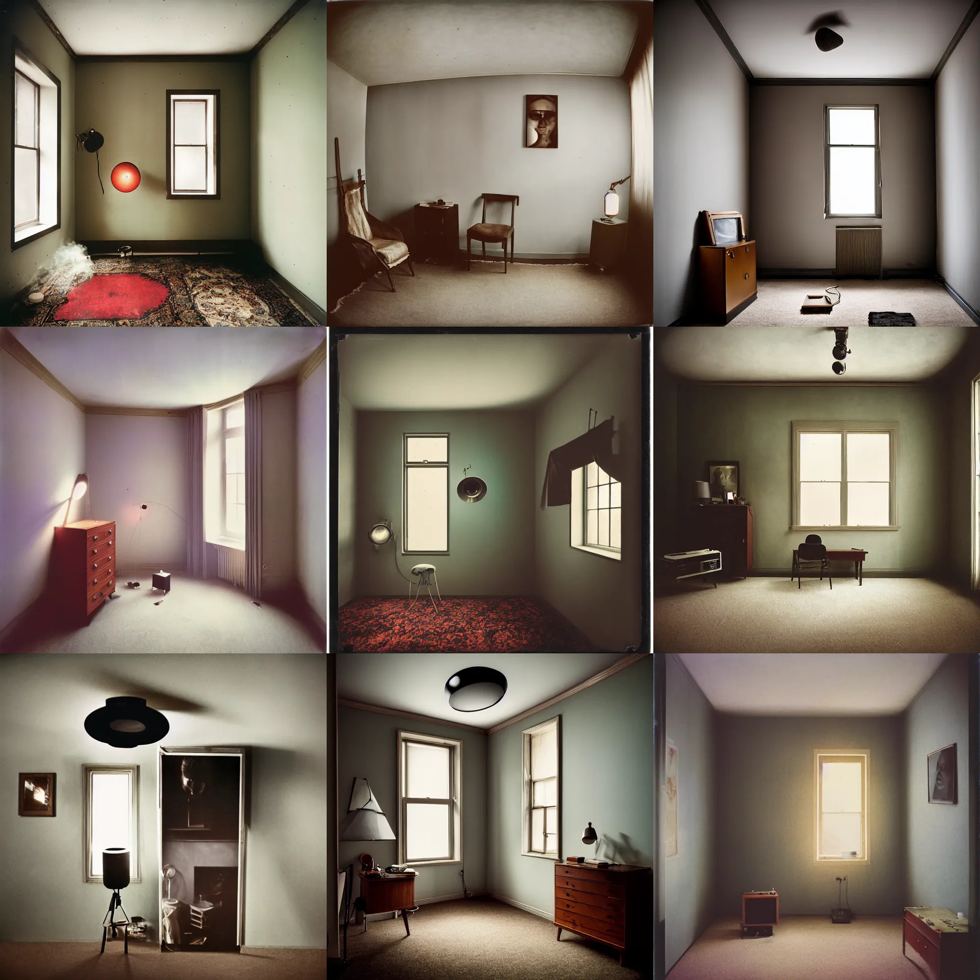 Image similar to kodak portra 4 0 0, wetplate, flashlight, 8 mm extreme fisheye, award - winning portrait by britt marling of a hall in bauhaus style, picture frames, shining lamps, haze, dust, bauhaus furniture, wallpaper, carpet, interior, muted colours