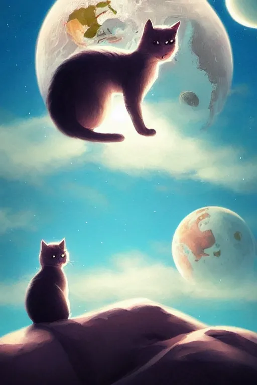 Kawaii Cat on the moon with a view of the earth in the, Stable Diffusion