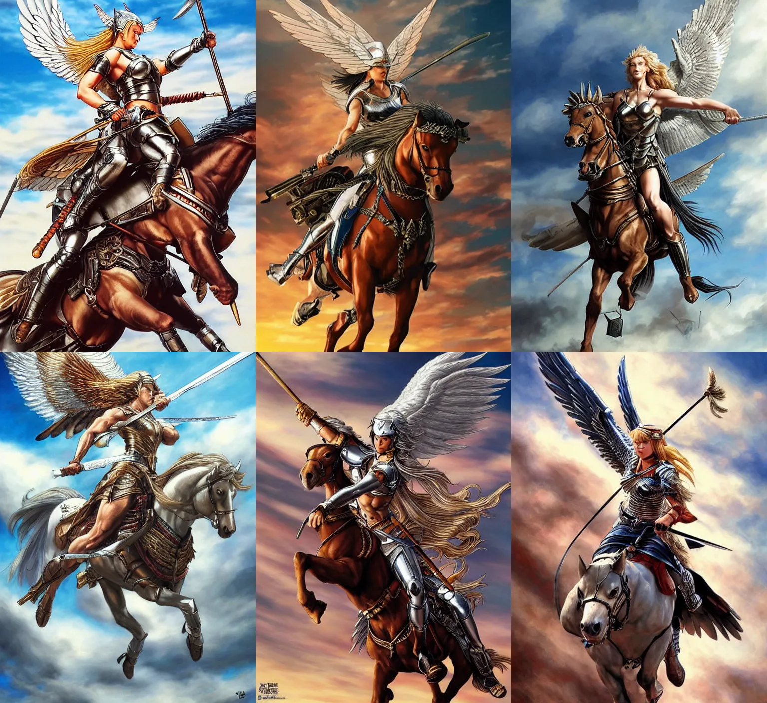 Prompt: valkyrie riding a winged horse, full - color, beautiful, artstation trending, photorealistic, hyper - realistic, highly detailed, focus, smooth, by yusuke murata, takehiko inoue, hiroya oku, makoto yukimura, shinichi sakamoto, kousuke oono