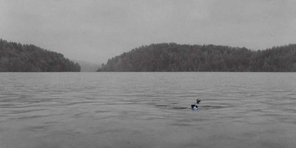 Image similar to an infinitely long rope zig - zagging across the surface of the water into the distance, floating submerged rope stretching out towards the center of the lake, a dark lake on an overcast day, rocky shore foreground, directed by stanley kubrick, atmospheric, color film, trees in the background, hyper - detailed photo, anamorphic lens