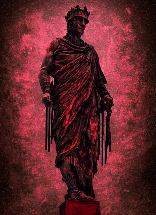 Image similar to elegant dark design poster showing a statue of julius caesar, black background with very subtle red and purple design elements, powerful, nekro, vito acconci, thin straight lines, dark, glitch art, neo vaporwave, gritty, layout frame, square, extremly detailed, trending on artstation