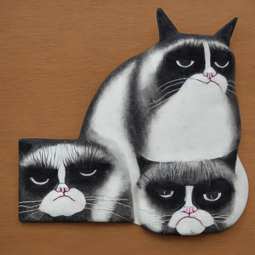 Image similar to beautiful gallery show studio photograph of a giant realistic curvy ceramic sculpture of grumpy cat!!!!!, heavily glazed by bridget riley and victor vasarely, placed on a polished wooden table, colorful hyperrealism 8 k trending on artstation