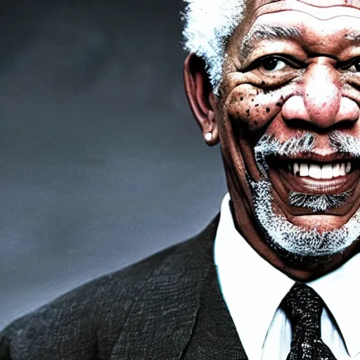 Image similar to a cinematic photograph of Morgan Freeman playing the Joker