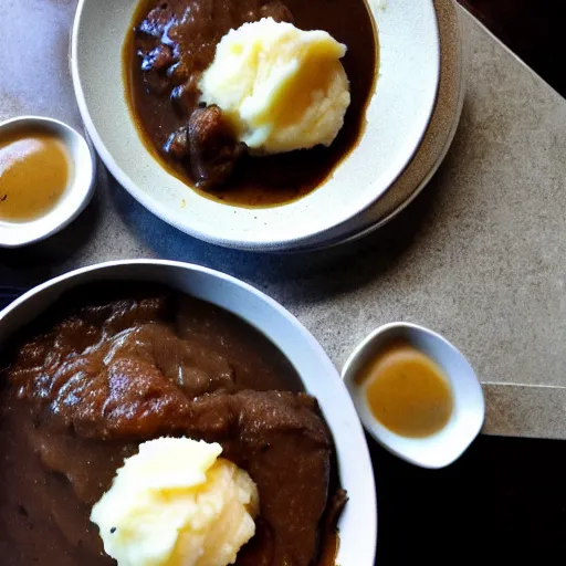 Prompt: brown gravy, mashed potatoes, Michelin star, award winning