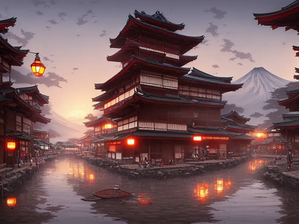 Image similar to old japanese town viewed from harbor, d & d digital painting, ultra realistic, beautiful, volumetric lighting, warm colors advance, cell shading, by james jean, greg rutkowski,