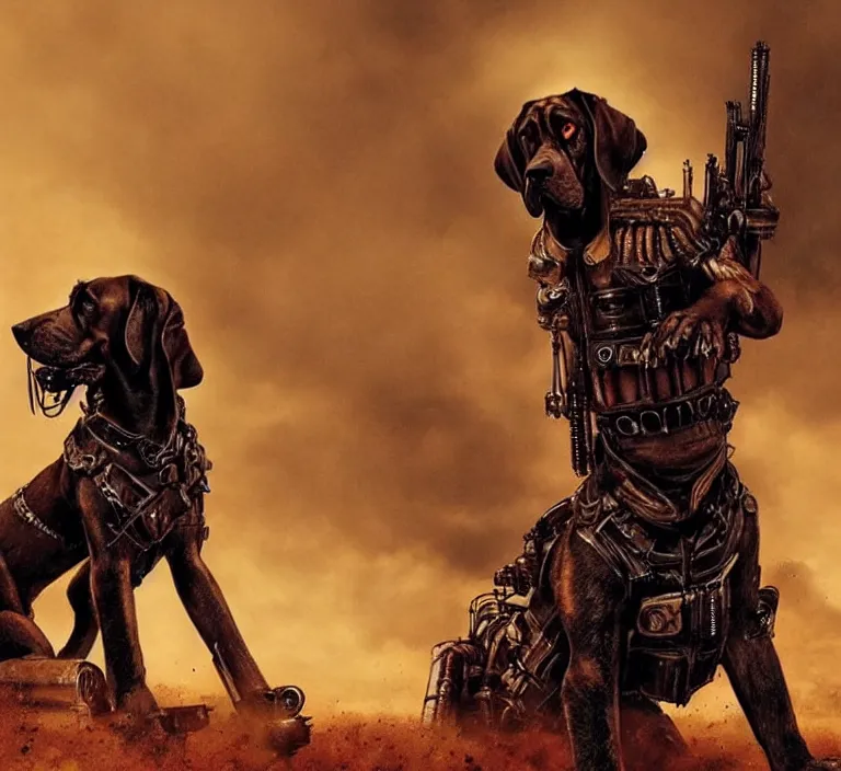 Image similar to a good ol'bloodhound pup fursona ( from the furry fandom ), heavily armed and armored facing down armageddon in a dark and gritty version from the makers of mad max : fury road. witness me.