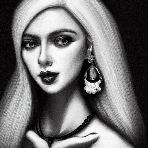 Prompt: digital art painting portrait of elegant gothic lady with earrings, black and white, hard edges, high quality, textured, by caestrad, cell shading, dark background, mystic, goddess, perfect lighting, high contrast, arstation, artgerm, wlop, 8 k, lightrays