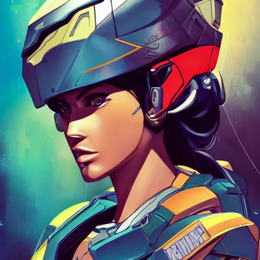 Image similar to a portrait of a stunning beautiful elite megan fox gundam pilot, with an intricate, detailed, urban inspired hiphop afro futuristic helmet, vector behance hd jesper ejsing, rhads, makoto shinkai, lois van baarle, ilya kuvshinov, rossdraws, hd, 3 2 k, ilya kuvshinov, gustav klimt