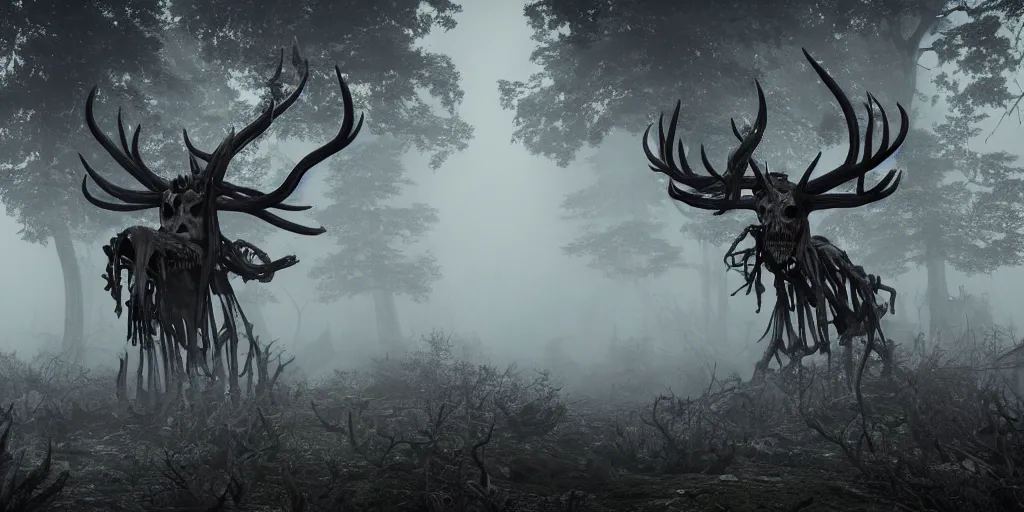 Image similar to leshen with deer skeleton skull and horns, ram skulls, grand imposing powerful sculpture. swirls of mist. occult photorealism, uhd, amazing depth, volumetric lighting, cinematic lighting. epic landscape.