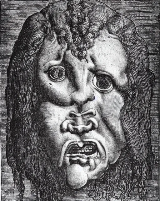 Image similar to head with four faces creature, drawn by da vinci