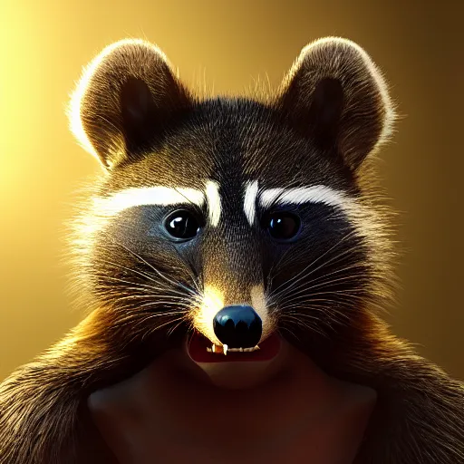 Image similar to portrait of a smiling devious racoon, dramatic lighting, 3d rendered in octane, trending on cgsociety,