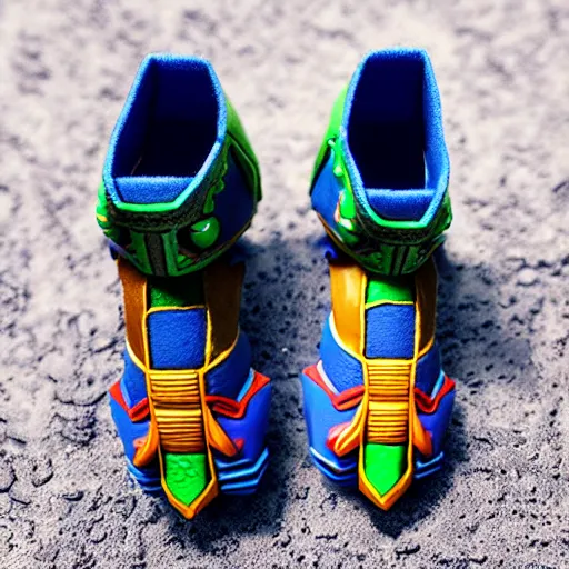 Image similar to realistic scultpure of plastic toy sneaker! design, sneaker design overwatch botw fantasy style mixed with aztec mayan native street fashion, focus on sneakers only, shoes designed by akira toriyama and studio ghibli