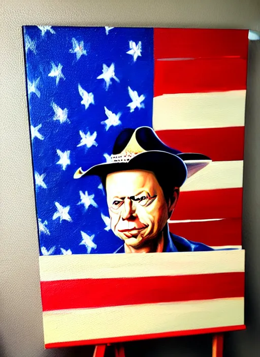 Image similar to oil painting portrait of brock pierce, american flag on background, cowboy style.