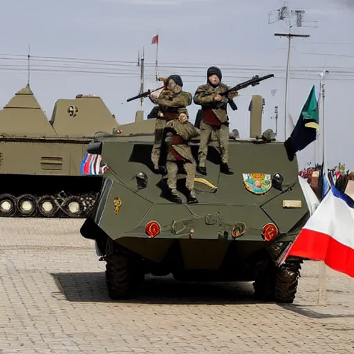 Image similar to russian soldiers in full uniform ride on an armored personnel carrier with the flag of the russian empire