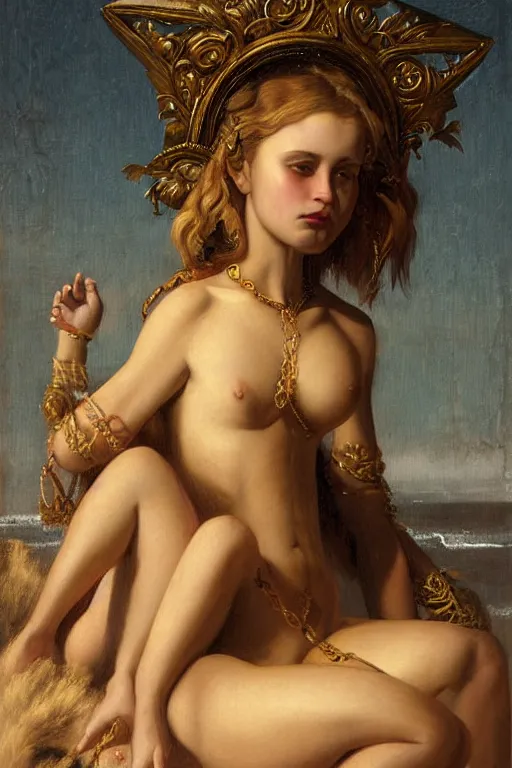 Prompt: hyper realistic painting portrait of a girl and a dog sitting by the beach, occult diagram, elaborate details, detailed face, intrincate ornaments, gold decoration, occult art, oil painting, art noveau, in the style of roberto ferri, gustav moreau, david kassan, bussiere, saturno butto, boris vallejo