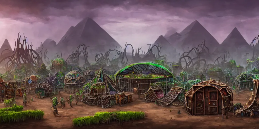 Prompt: colored merchant tents surrounded by chrome pyramids, rusted plants and vines, matte oil painting, retrofuturistic, science fantasy, mutant, lgbt, queer, rpg, epic, badlands, slime, sentient, dungeons & dragons, sacred, sharp focus, award - winning, extremely detailed, 4 k, 8 k