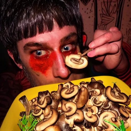 Image similar to a lonely eboy enjoying mushrooms on a psychodelic night