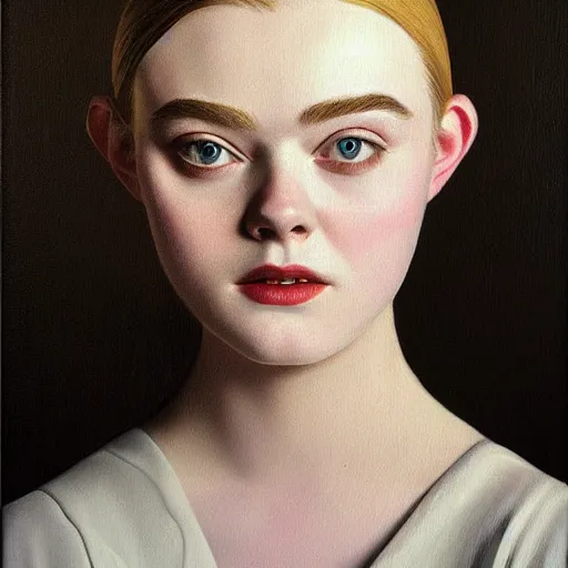 Prompt: a striking hyper real painting of Elle Fanning by Grant Wood