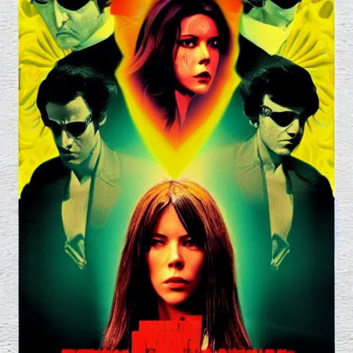 Prompt: giallo movie poster featuring mary elizabeth winstead, grace van dien, kate beckinsale, italian horror, sharp focus, smooth, psychedelic