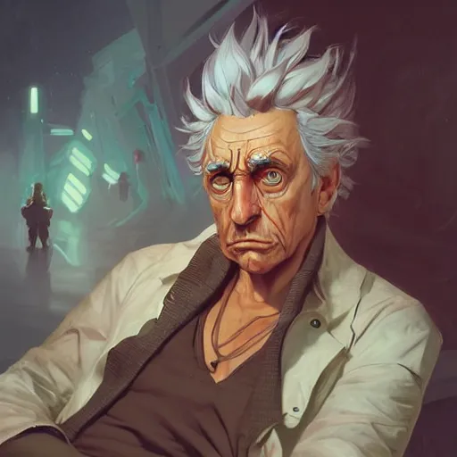 Prompt: Rick Sanchez, portrait, highly detailed, digital painting, artstation, concept art, sharp focus, illustration, art by artgerm and greg rutkowski and alphonse mucha