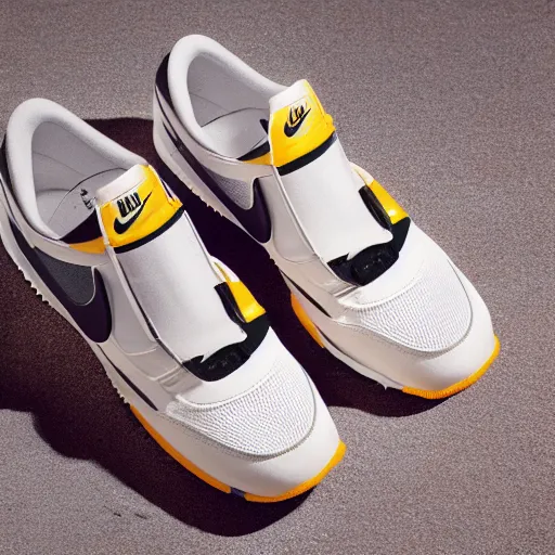 Image similar to a studio photoshoot of Nike air running sneakers designed by Tom Sachs, cream leather with knitted mesh material, gum rubber outsole, realistic, color film photography by Tlyer Mitchell, 35 mm, graflex