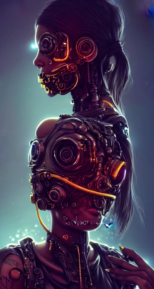 Image similar to soft lustrous ebony dark biotech raver gothic cyborg gutter punk, earbuds, golden ratio, details, scifi, fantasy, cyberpunk, intricate, decadent, highly detailed, digital painting, octane render, artstation, concept art, smooth, sharp focus, illustration, art by artgerm, loish, wlop