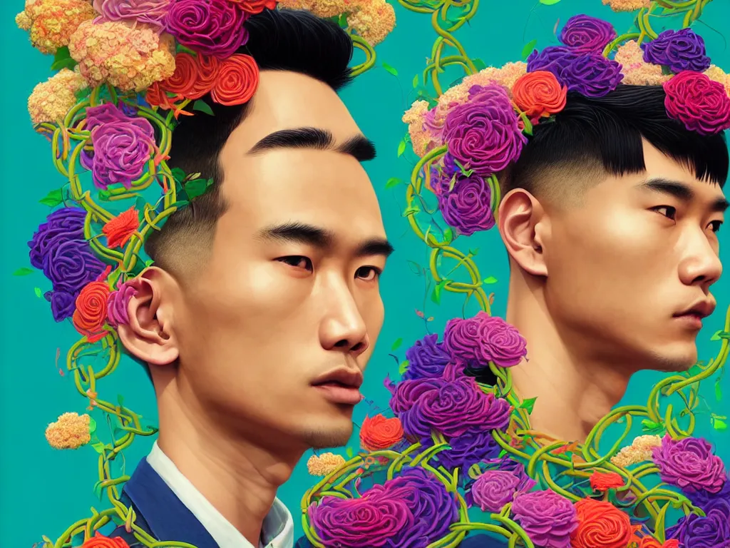 Image similar to colourful vfx art - portrait of south east asian male with military haircut wrapped in flowers & vines, art by hsiao - ron cheng & james jean - presented as magazine collage style, volumetric light, colourful, sharp, detailed, digital painting, illustration, magazine collage, highly detailed, intricate detail, unreal engine, octane render, pinterest, behance, art station