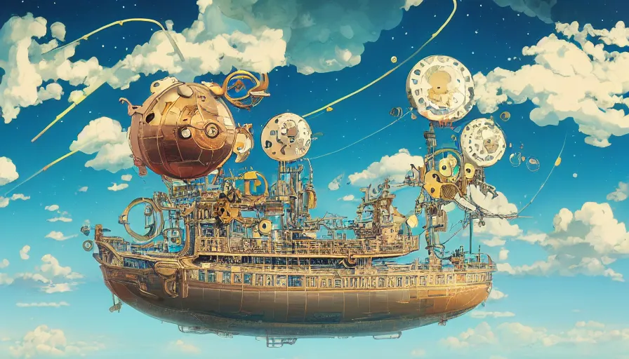 Image similar to a steampunk ship in the sky above the sea y by takashi murakami,, beeple and james jean, aya takano color style, 4 k, super detailed, night sky, digital art, digital painting, celestial, majestic, colorful