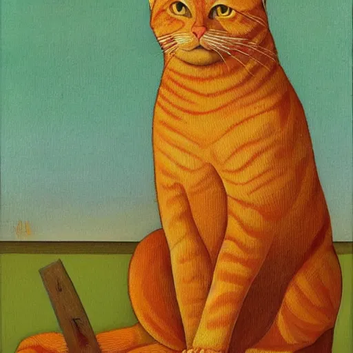 Prompt: fat orange tabby cat next curly haired man, style of american gothic by grant wood