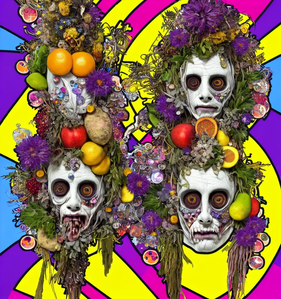 Prompt: bodyshot of a trickster nature spirit, leather jacket, zombie rock star, head made of fruits and crystals and flowers in the style of guiseppe arcimboldo, art by alphonse mucha, deep focus, mystical, surreal, detailed, pop art, gray and yellow and purple, rainbow stripe background