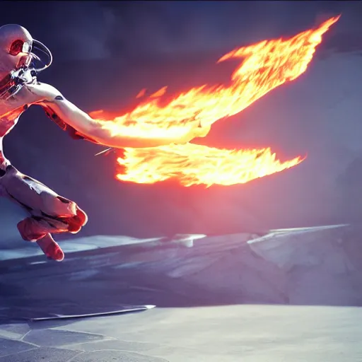 Prompt: prometheus midair with the stolen fire in one hand the other hand streched to prevent a collission. concept art octane render hyperrealistic unreal engine