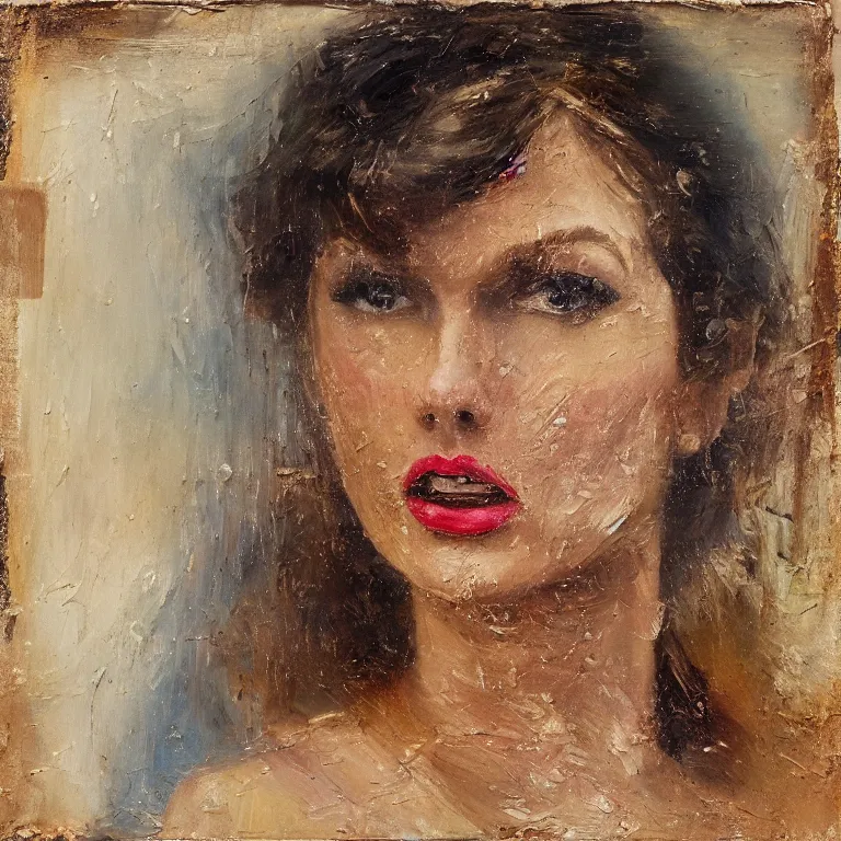 Prompt: Antique tintype of Beautiful warmly lit close up expressionistic studio portrait of very angry! Taylor Swift singing angrily!, impasto oil painting heavy brushstrokes by Cy Twombly and Anselm Kiefer , trending on artstation dramatic lighting abstract Expressionism