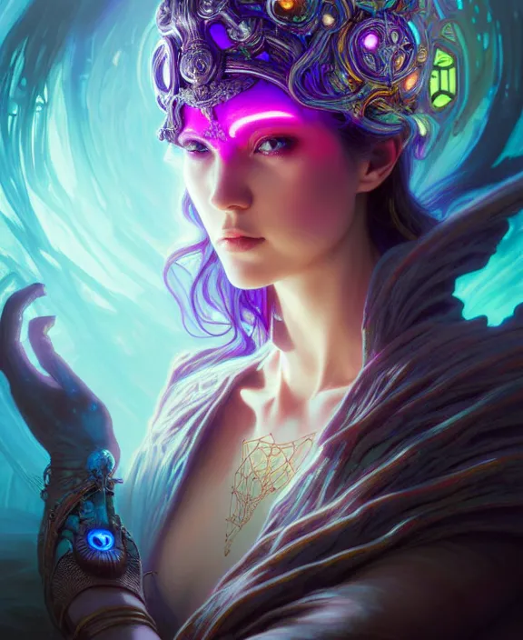 Image similar to whirlwind souls inside metaverse, half body, glowin eyes, tiara, pharaoh, forest, mushrooms, antiques, cyberpunk face, by loish, d & d, fantasy, intricate, elegant, highly detailed, colorful, vivid color, digital painting, artstation, concept art, art by artgerm and greg rutkowski and alphonse mucha and ruan jia