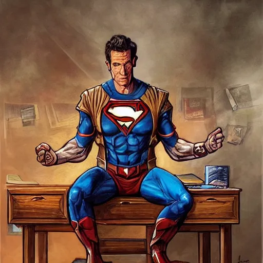 Prompt: an insanely detailed painting of jeff probst wearing a superhero costume sitting at a desk, staring nervously at a computer and typing, in the style of peter mohrbacher, dramatic lighting and composition, trending on artstation, concept art, comic book