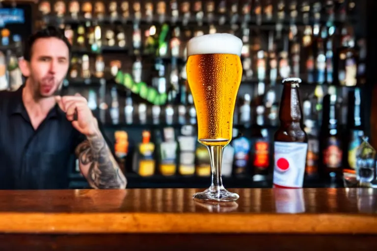 Prompt: a anthropomorphic pint of beer, who is a customer, waits to be served by a bartender