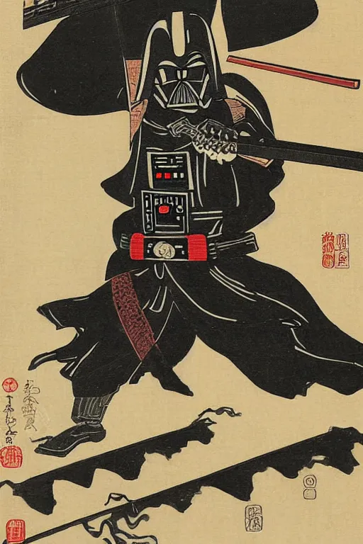 Image similar to Japanese woodblock print of Darth Vader holding a samurai sword , Hokusai