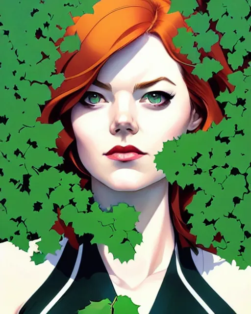 Image similar to joshua middleton, phil noto, artgerm, emma stone poison ivy dc comics, vines, symmetrical eyes, city rooftop