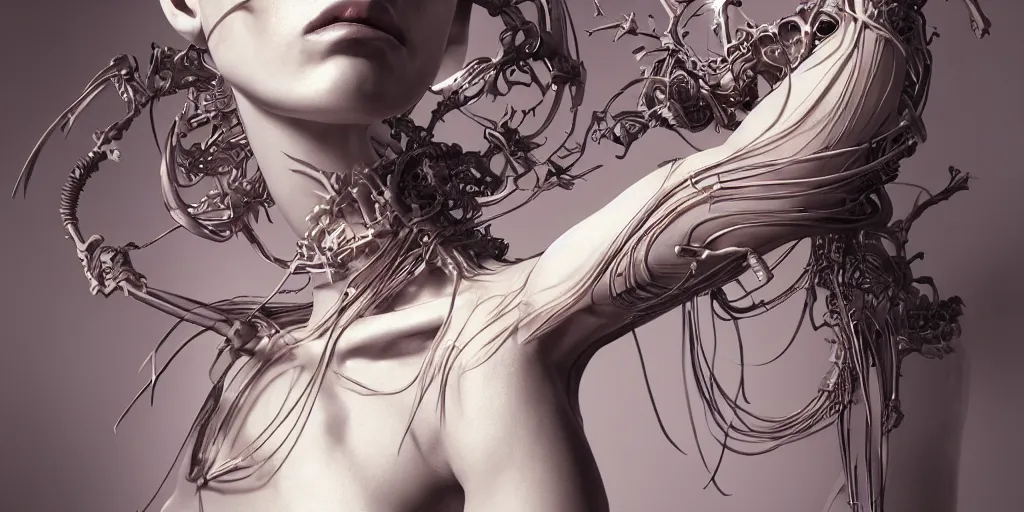 Image similar to hyper realistic photography of a stunningly beautiful cyborg female, elbow, plated arm, intimate, holding close, ribbons, in the style of beth cavener, jin kagetsu,, and wlop, highly detailed, intricate filigree, symmetry, masterpiece, award winning, sharp focus, concept art, highkey lighting, ambient lighting, octane render, 8 k, artstation