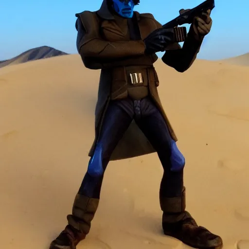 Prompt: cad bane with his sniper pointed into the distant sand dunes